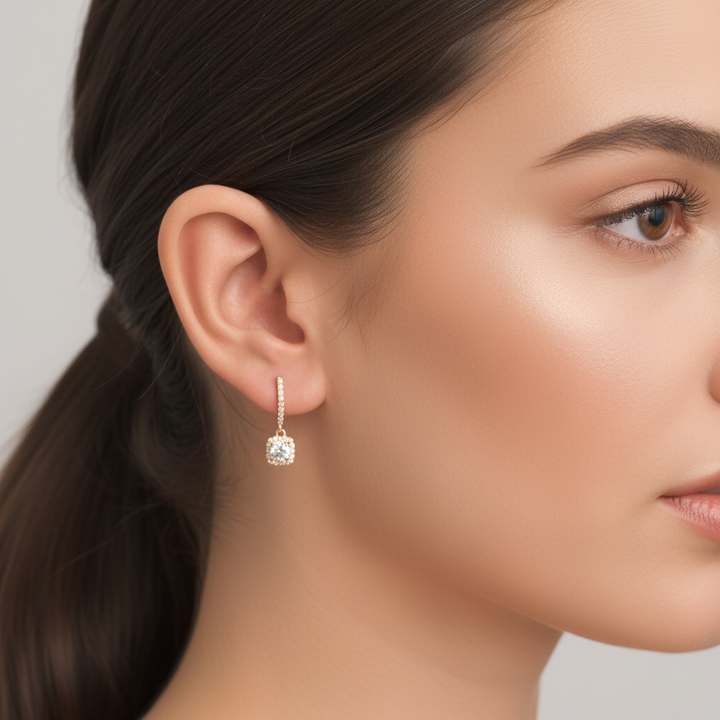 Diamond Halo Drop Huggie Earrings