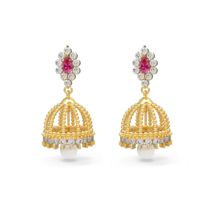 Royal Ruby Pearl Gold Jhumka Earrings