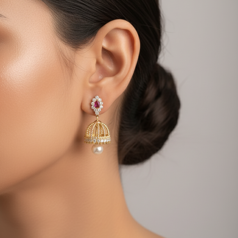 Ruby Bloom Pearl Jhumka Earrings