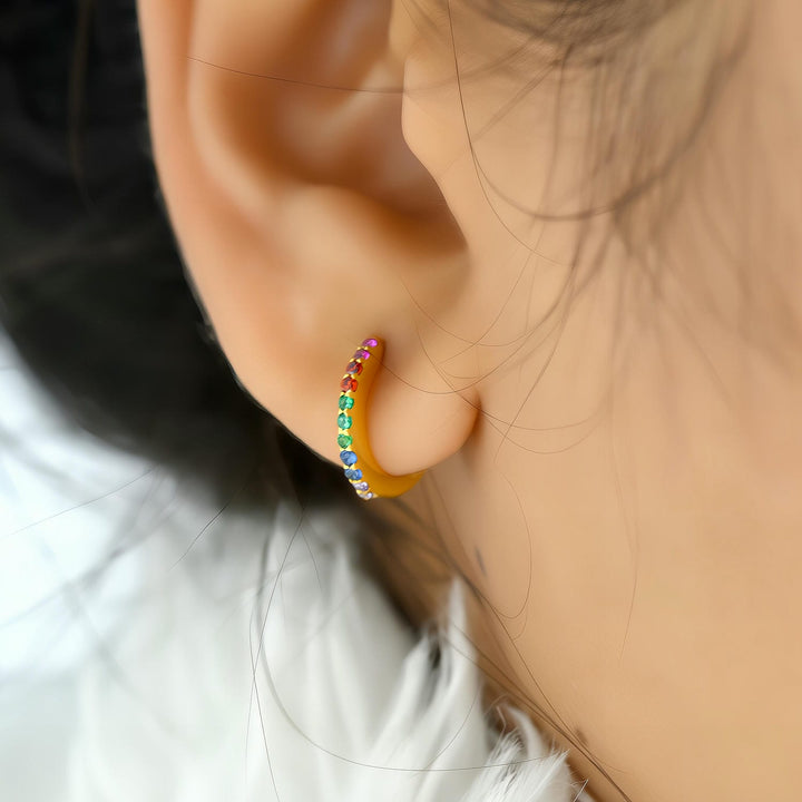 Multi Color Stone Huggies Earring - 18K Gold Ring for Women
