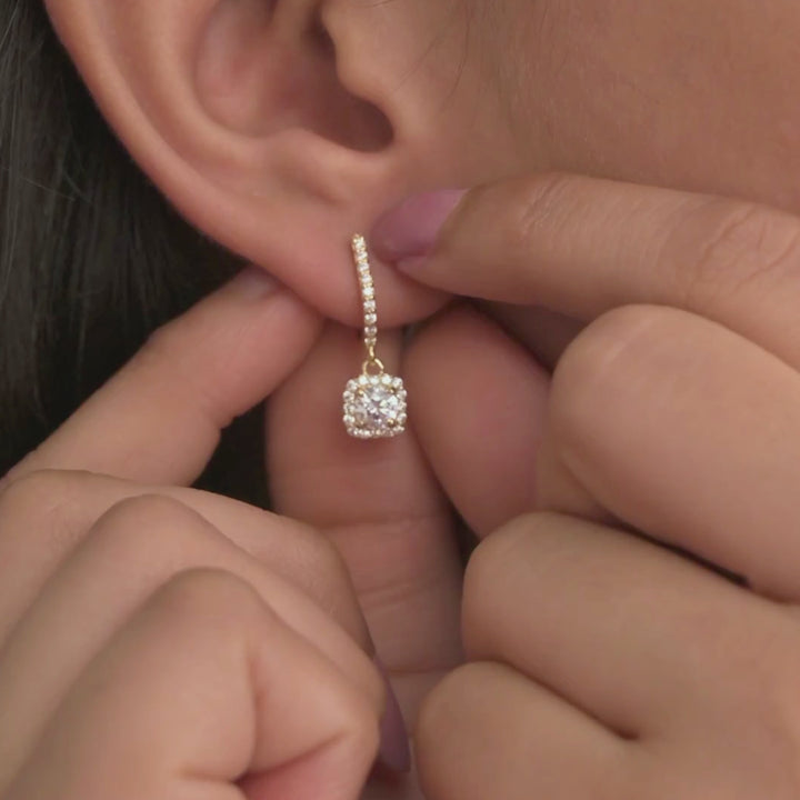 Halo Cushion Diamond Dangle Hoops